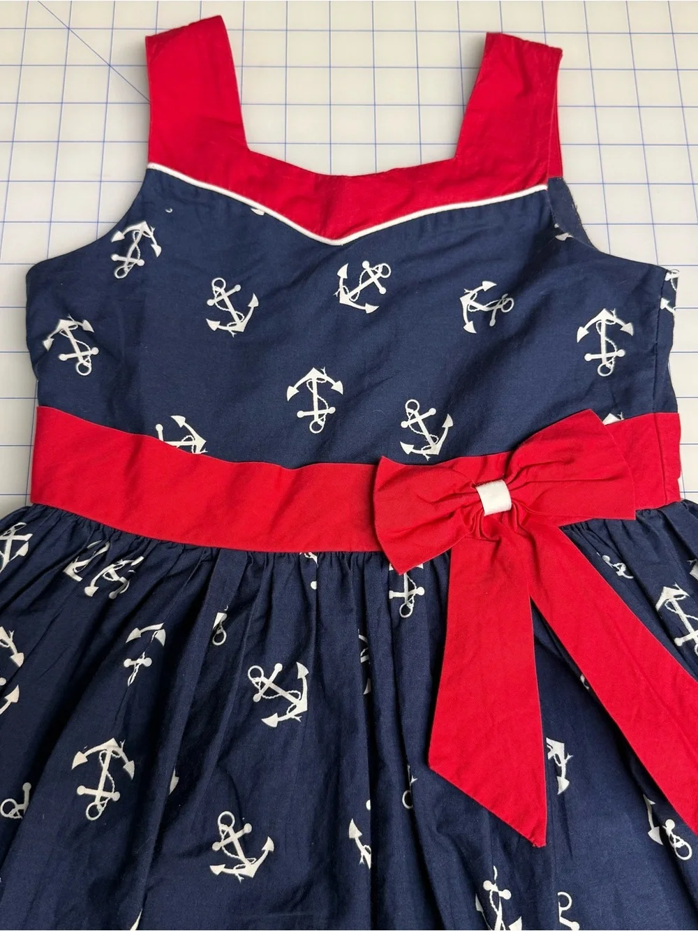 Girls Size 10 Dress Jayne Copeland Red White and Blue Anchor Nautical Red Bow